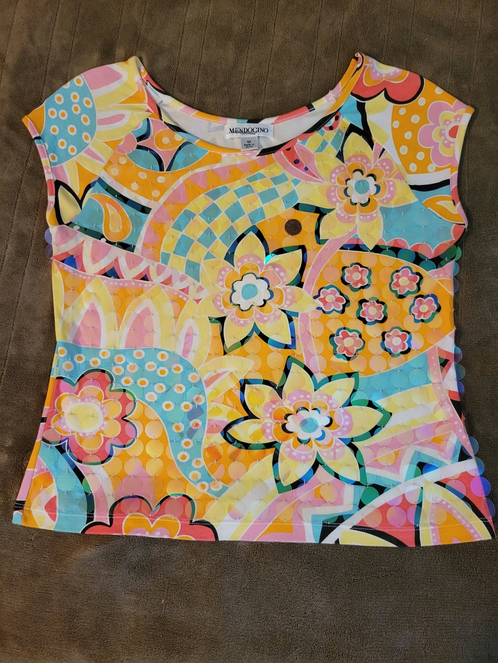 MeNDOcINO Ladies Multicolor Floral Print Tee - Yellow & Pink